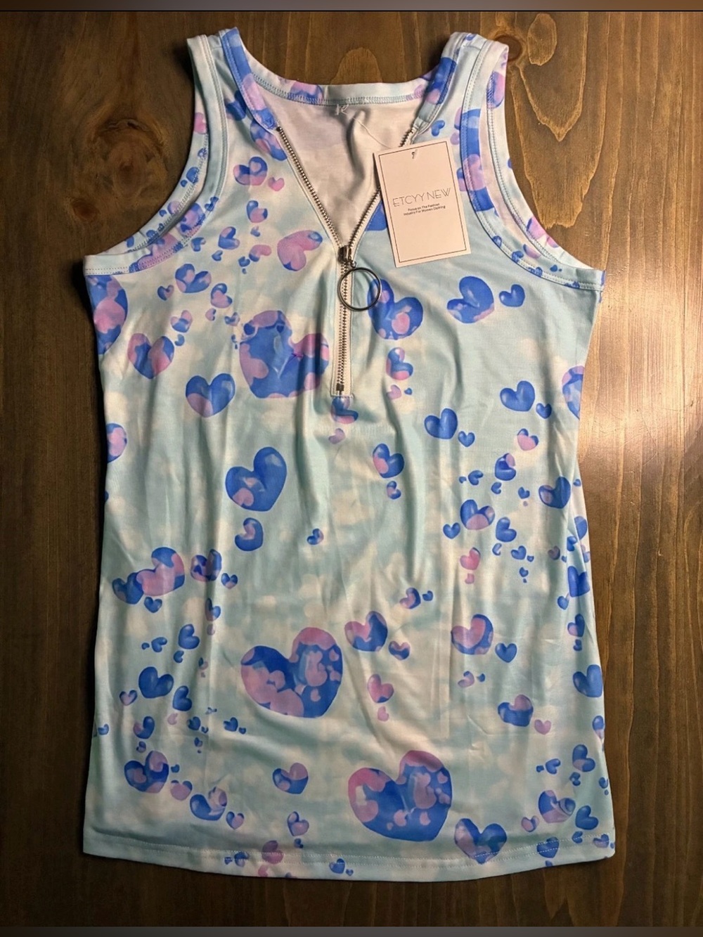 ETCNYEW Blue & Pink Heart Print Zippered Tank Small.